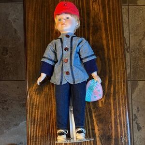 Genuine Albert E Price Hello Dolly 1990 Boy Baseball #7 Porcelain Doll & Stand